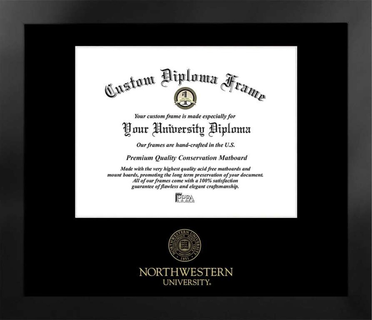 Northwestern University 11w x 8.5h Manhattan Black Single Mat Gold Embossed Diploma Frame with Bonus Campus Images Lithograph (value savings at $59)